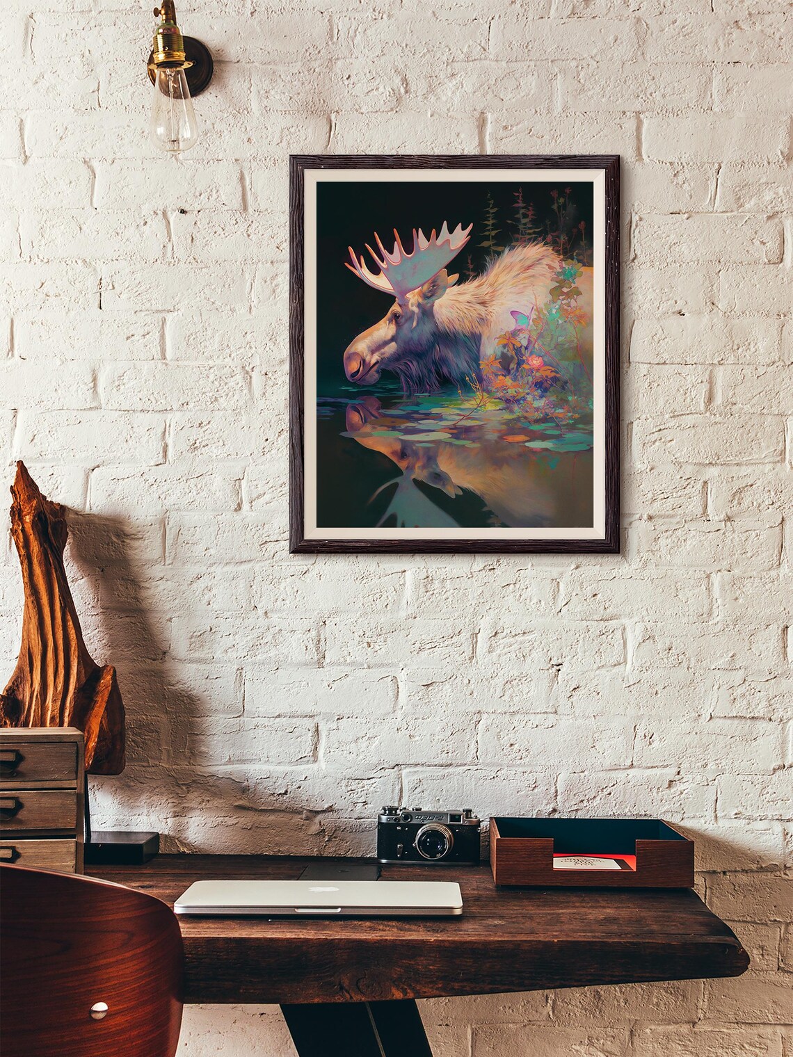Moose Bull Drinking at Dark Water With Mirror Reflection Painting Poster - Image 4