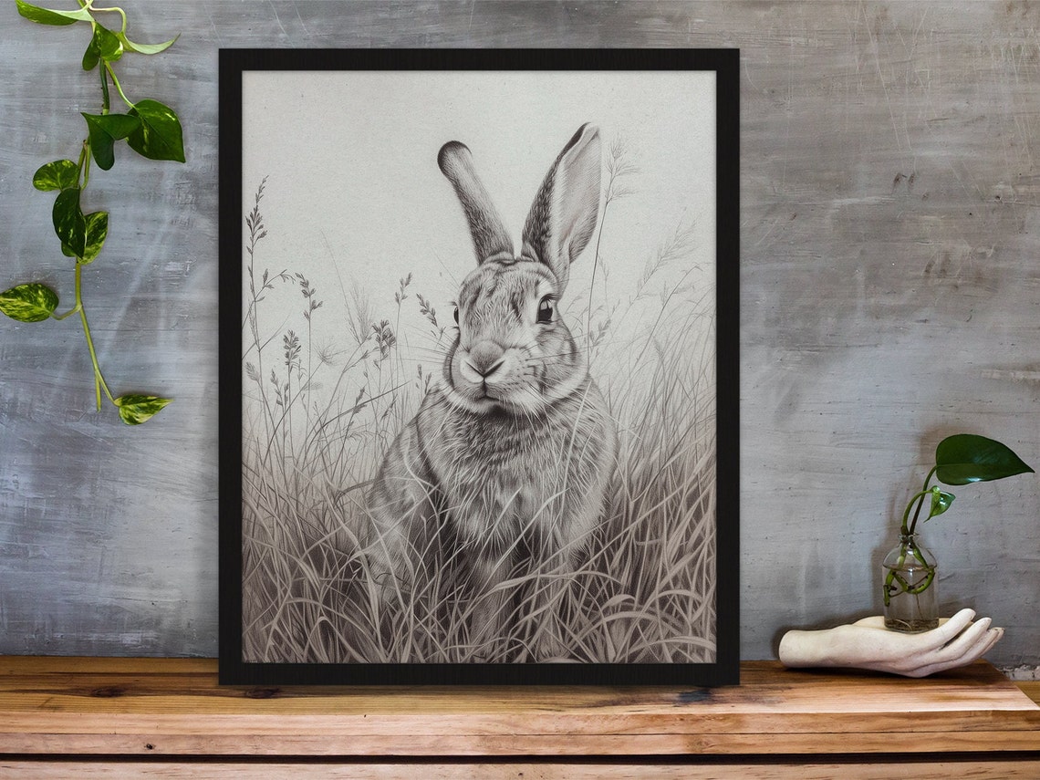 Hare Portrait in Meadow Grass Realistic Graphite Sketch Poster - Image 4