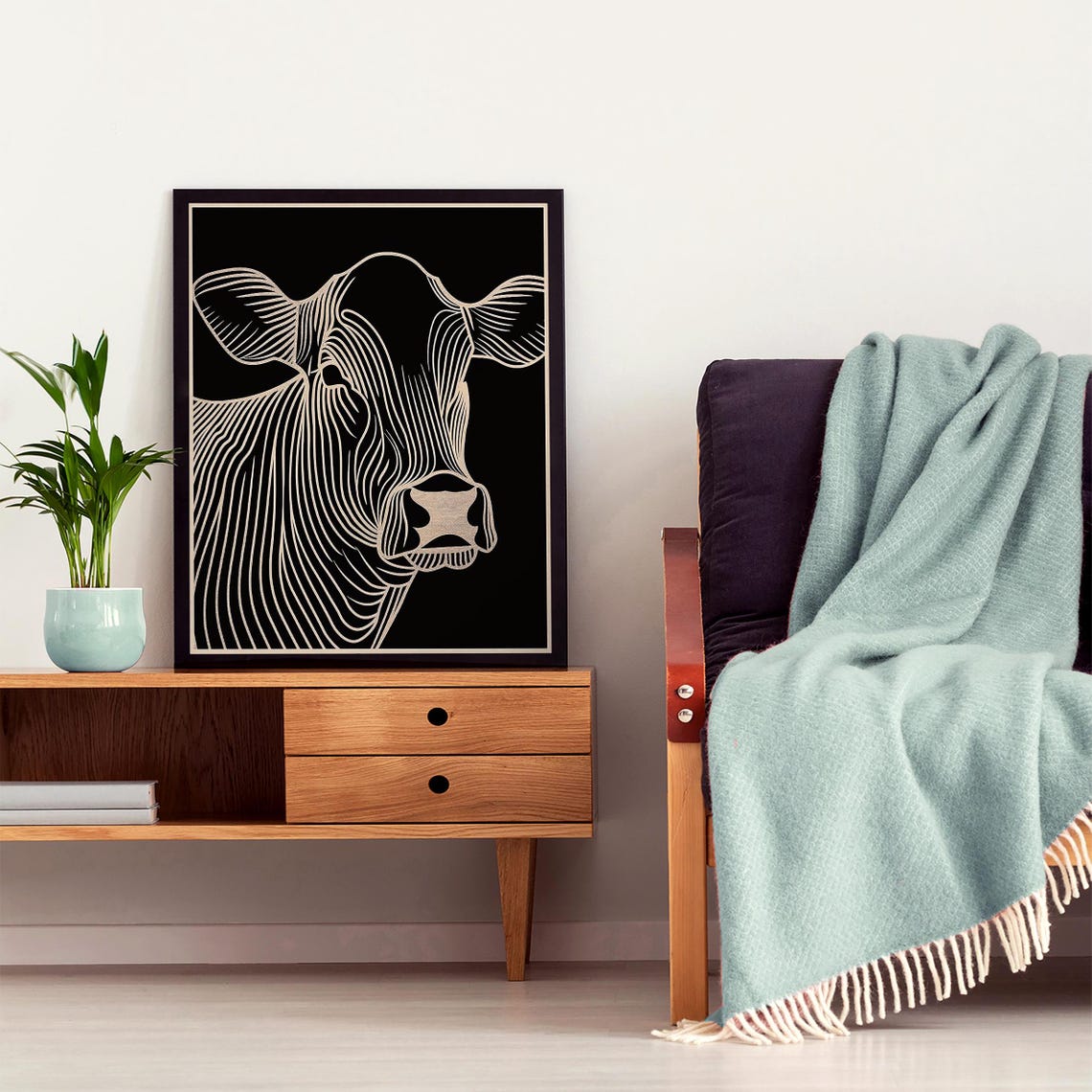 White Line Art Cow Head on a Dramatic Black Background Poster - Image 5