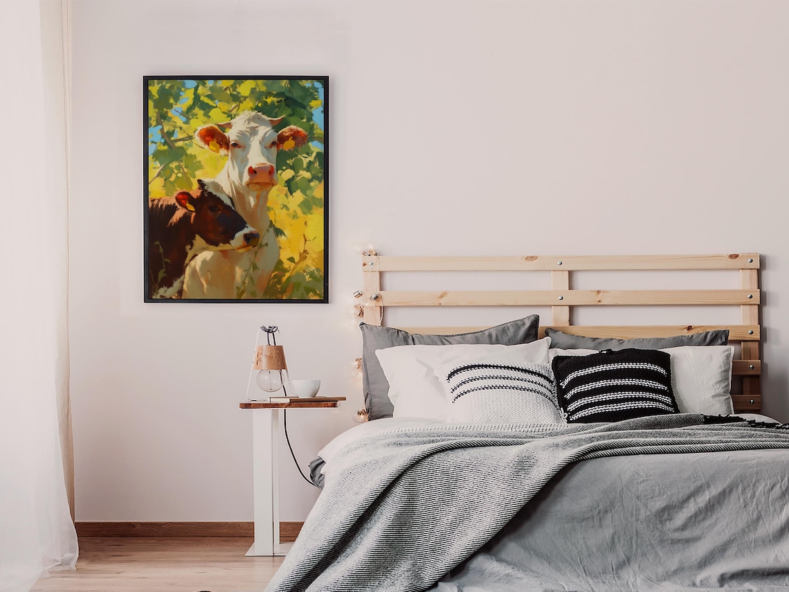 Sweet White Cow and Calf Together Under Sunlit Green Leaves Poster - Image 6