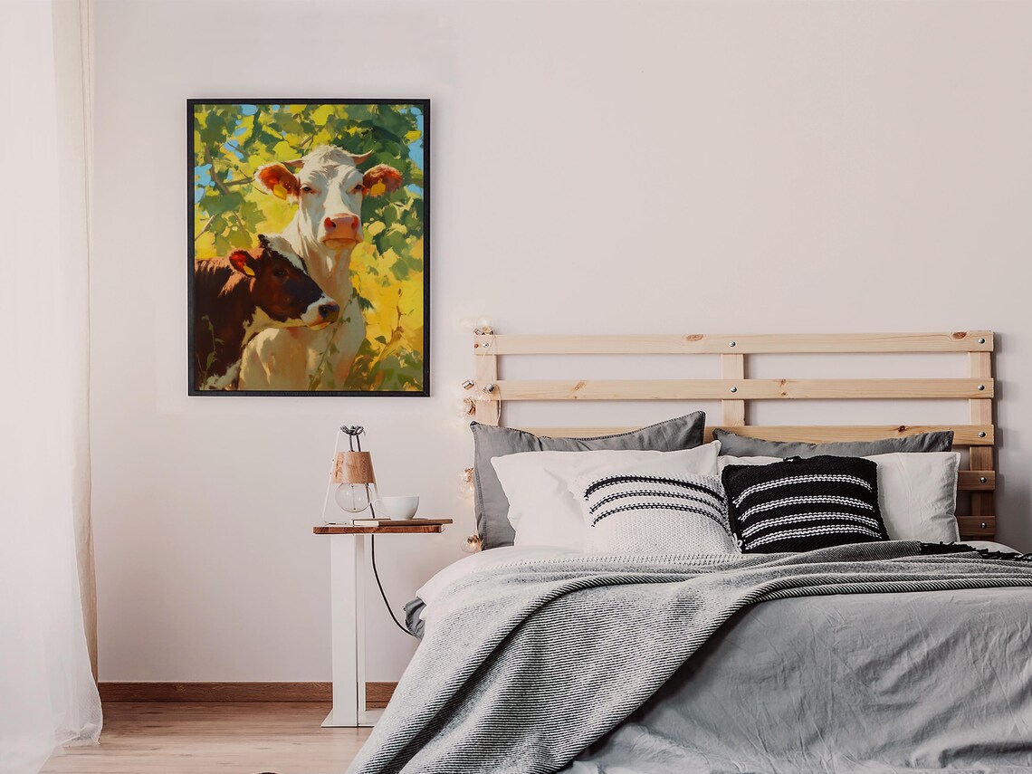 White Cow and Brown Calf Close-Up in Dappled Sunlight Poster - Image 6