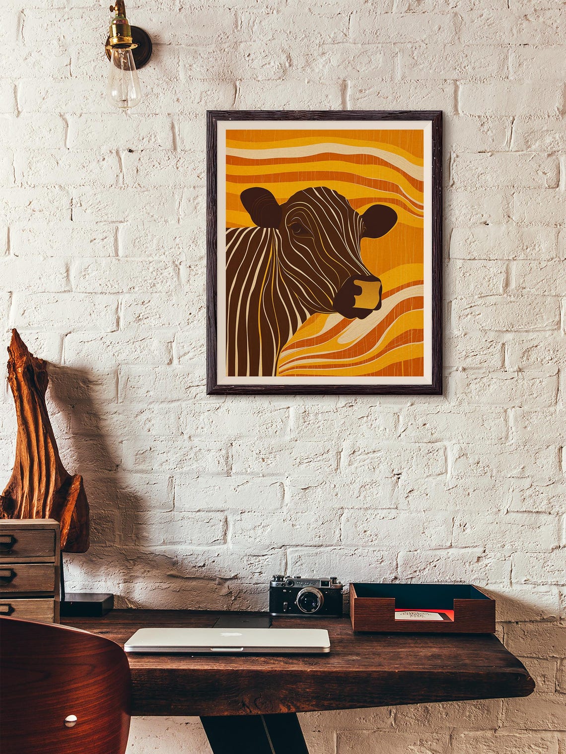 Retro Striped Cow Head on Orange Wavy Sunburst Background Art Poster - Image 4