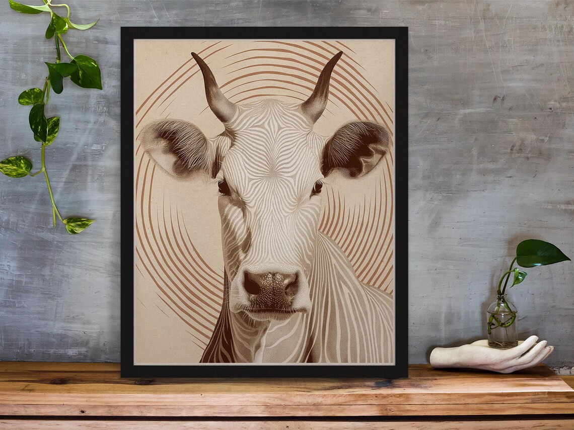 Minimalist Line Art Cow with Spiral Arcs in Sepia Tones Poster - Image 5