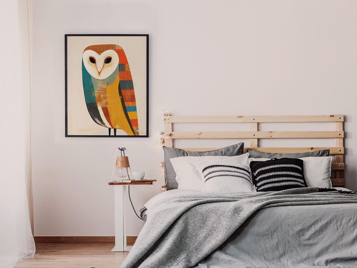 Mid-Century Geometric Barn Owl in Teal and Mustard Tones Poster - Image 2