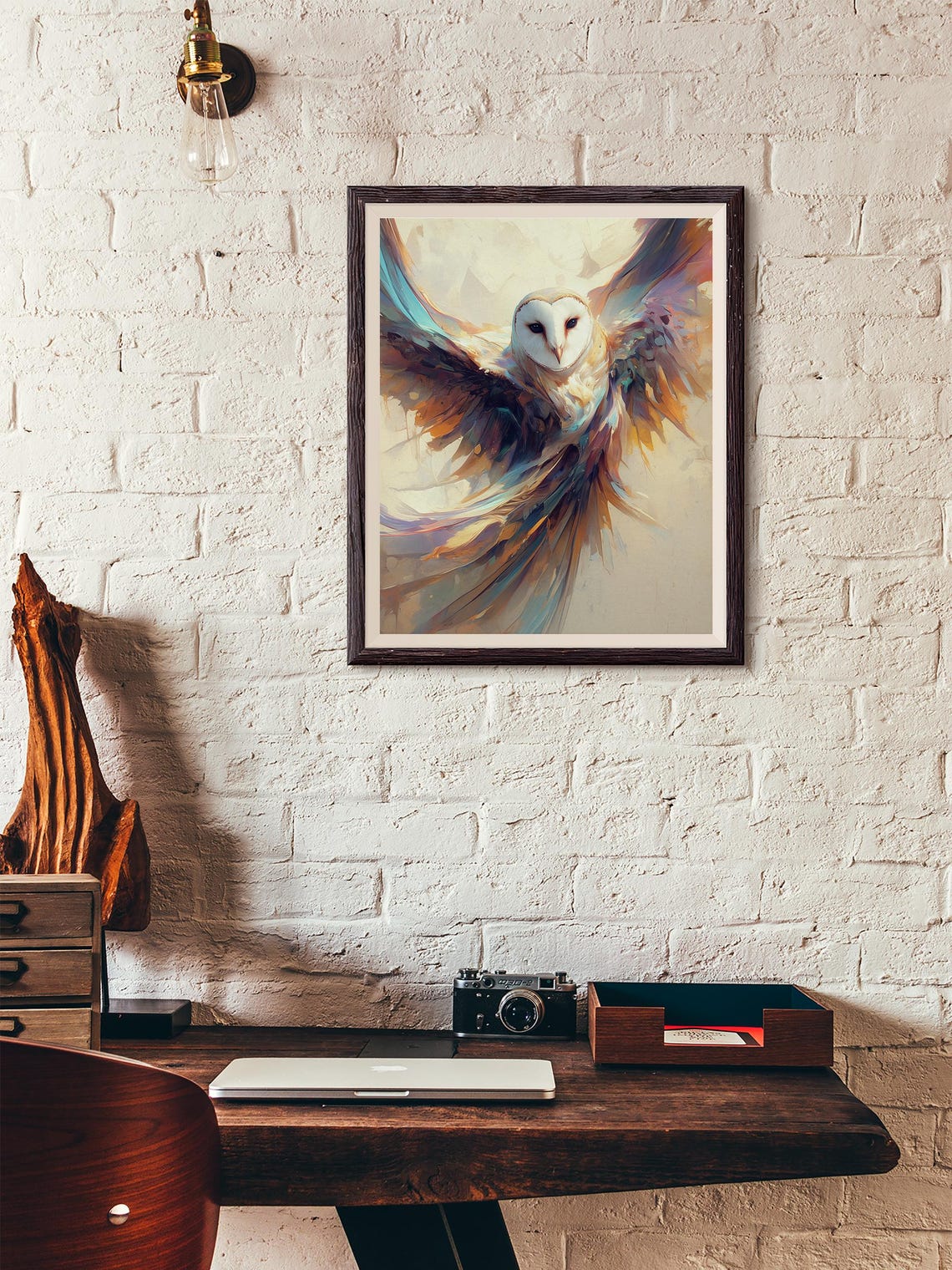 Soaring Barn Owl in Flight with Sweeping Abstract Wings Poster - Image 4
