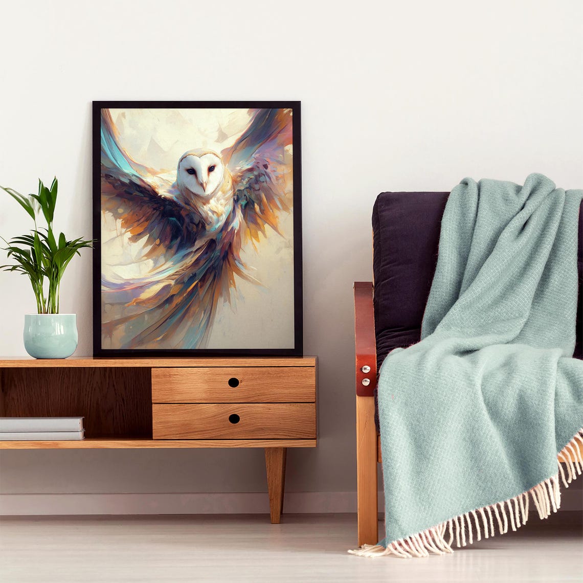 Soaring Barn Owl in Flight with Sweeping Abstract Wings Poster - Image 5