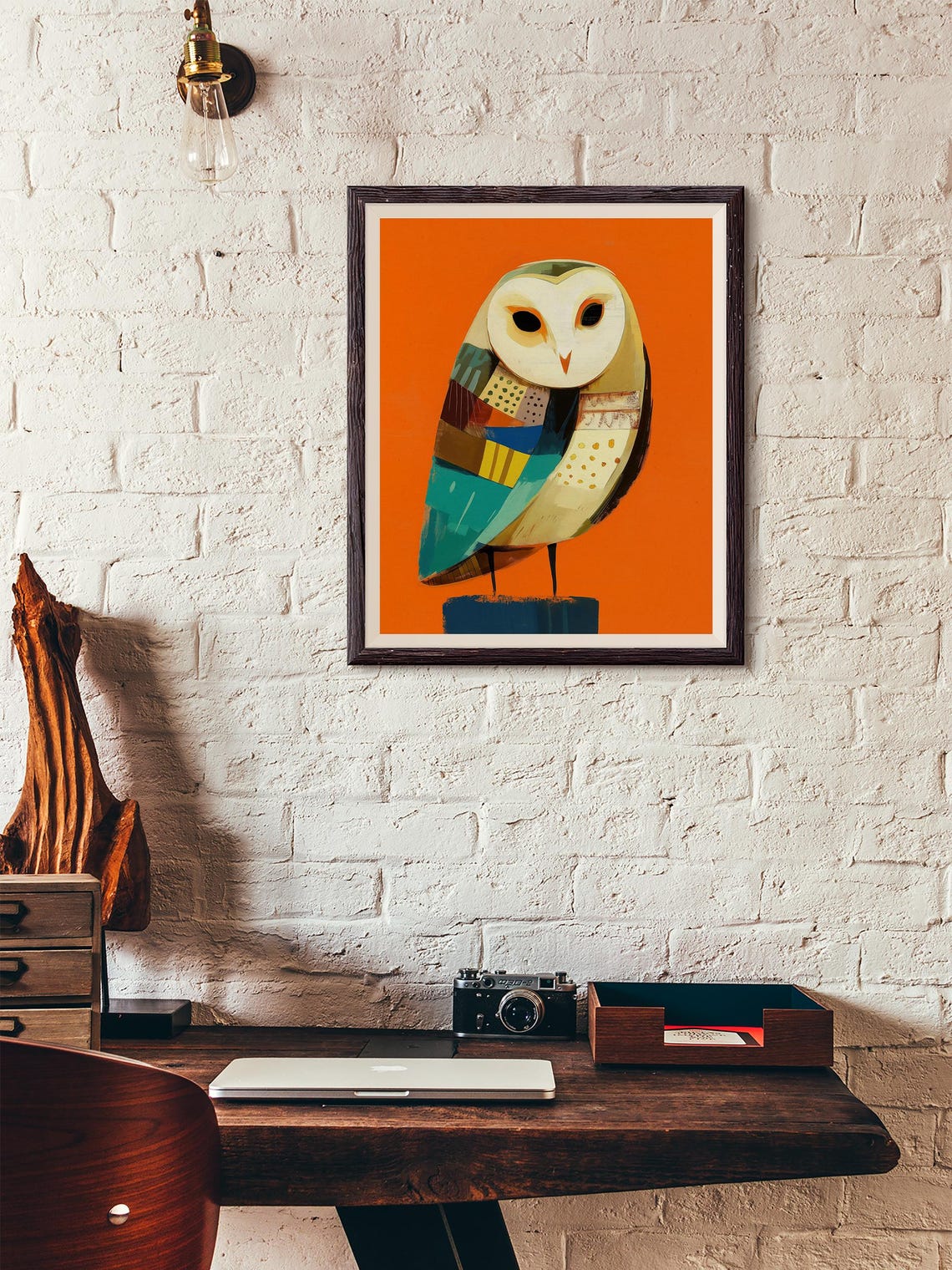 Geometric Patchwork Barn Owl on a Bold Orange Background Art Poster - Image 4