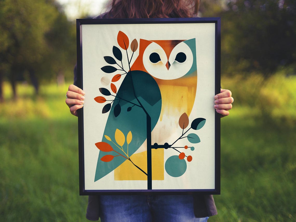 Geometric Mid-Century Owl on a Branch with Autumn Leaves Poster - Image 5
