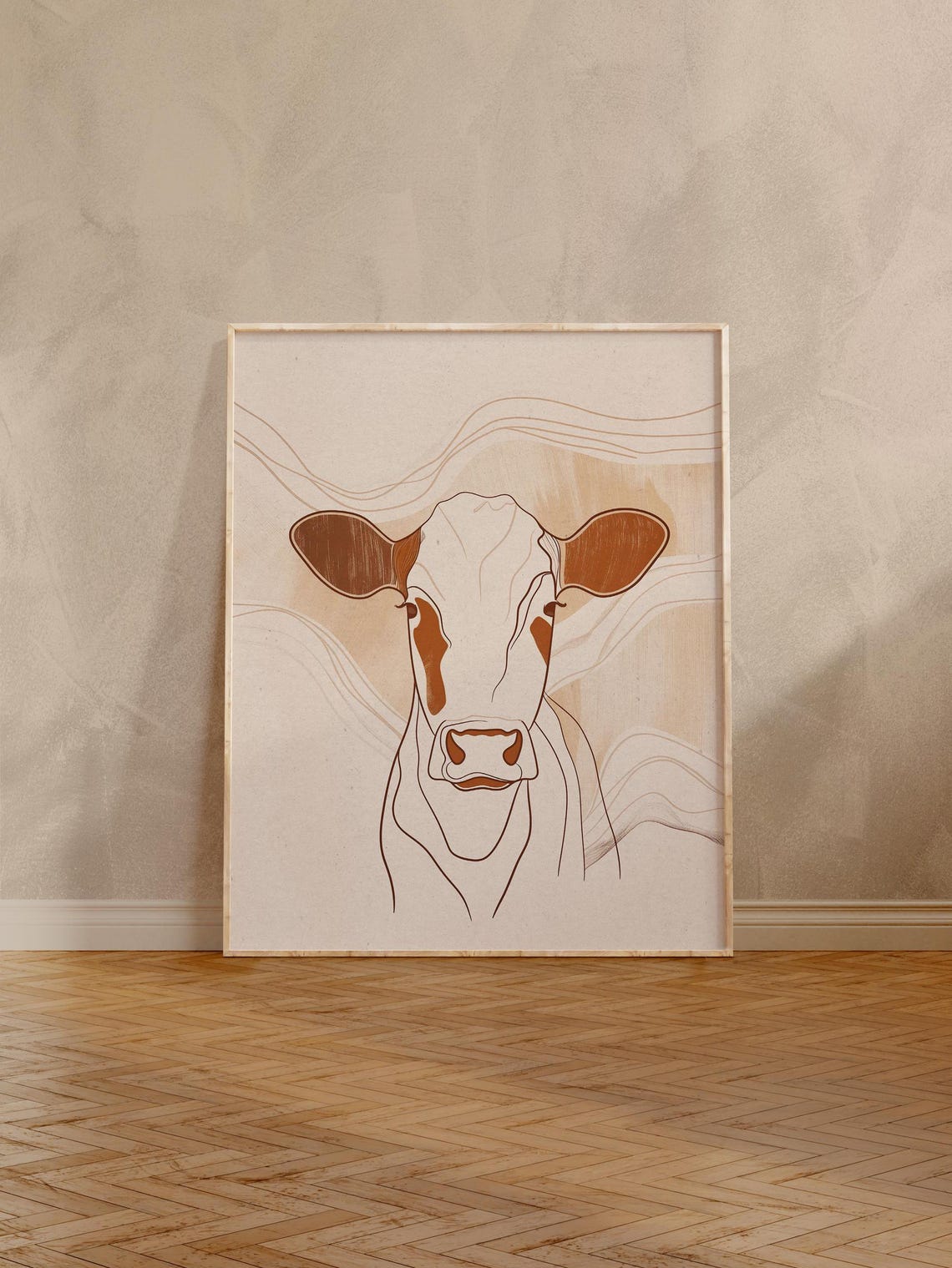 Terracotta Line Drawing of a Cow on a Warm Beige Canvas Poster - Image 5