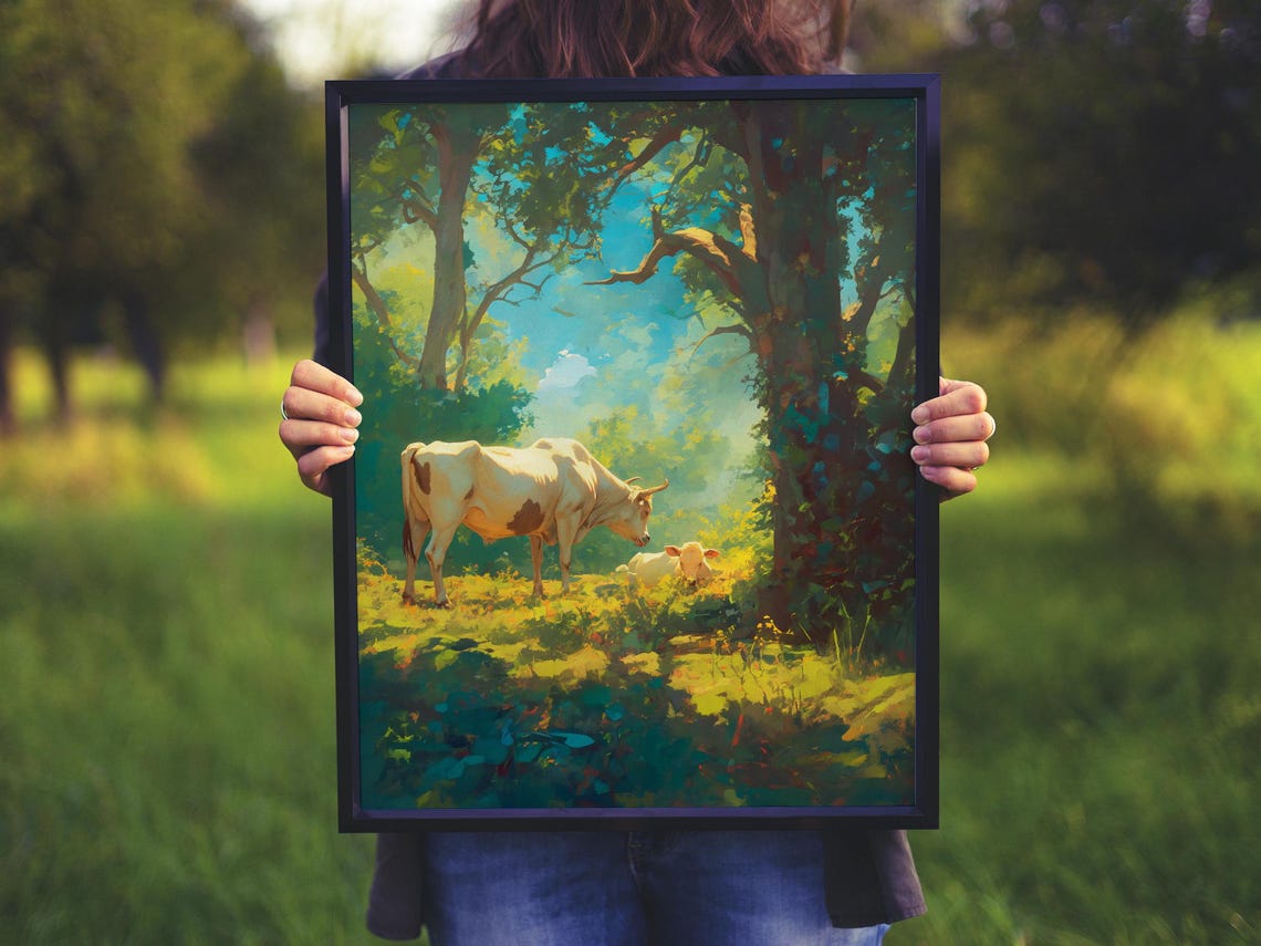 White Cow and Calf Resting in a Sunlit Forest Clearing Poster - Image 4