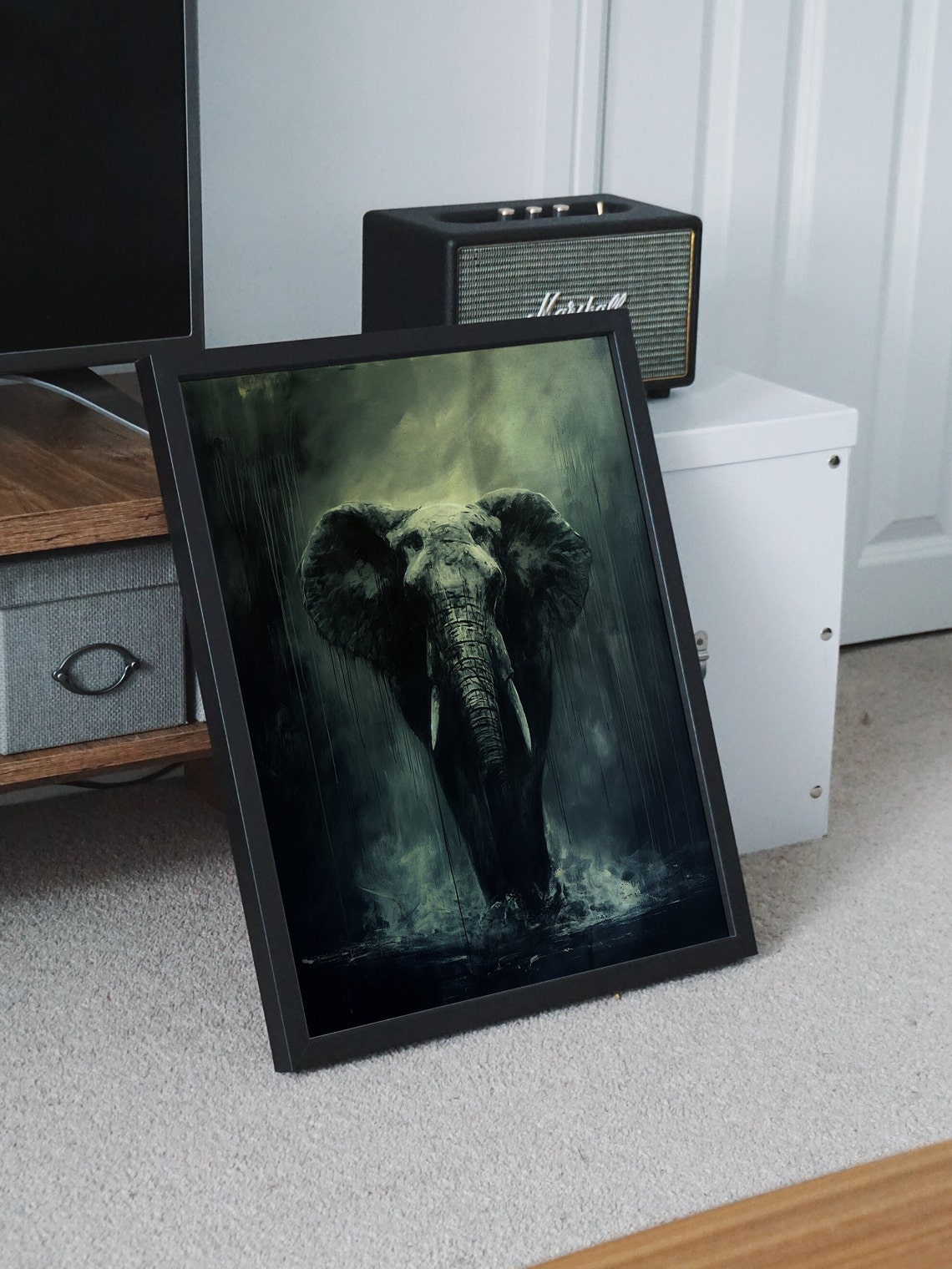 Elephant Emerging in the Rain Moody Monochrome Wildlife Art Poster - Image 6