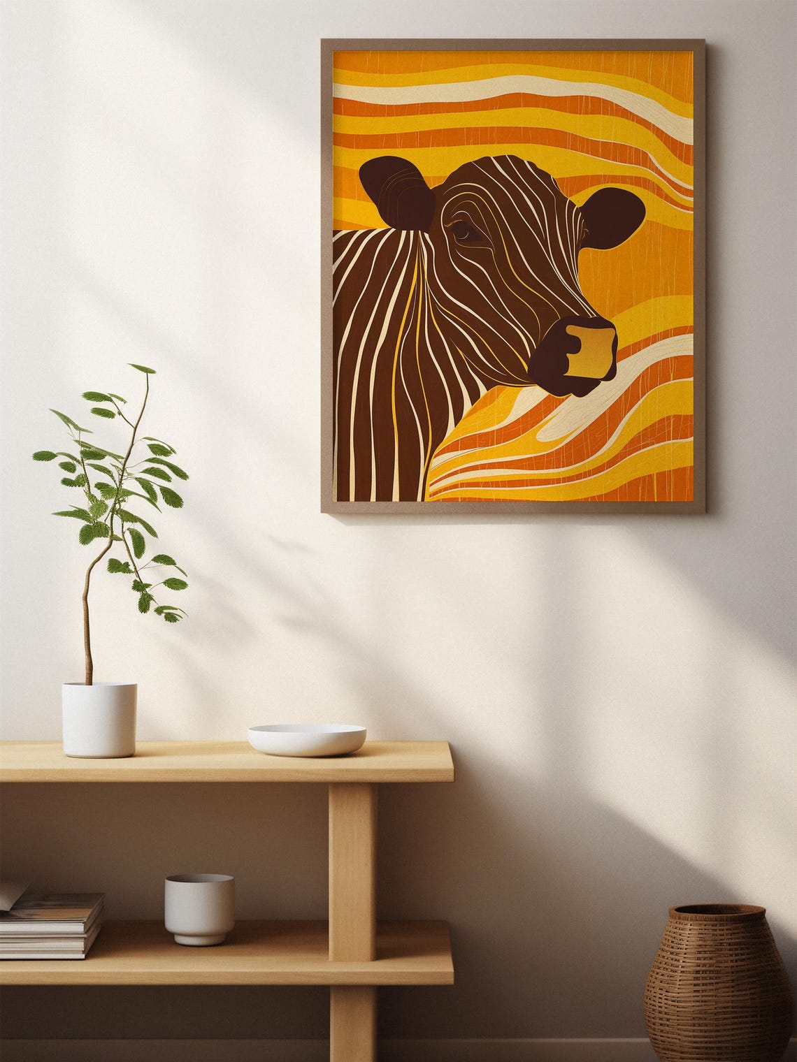 Retro Striped Cow Head on Orange Wavy Sunburst Background Art Poster - Image 2