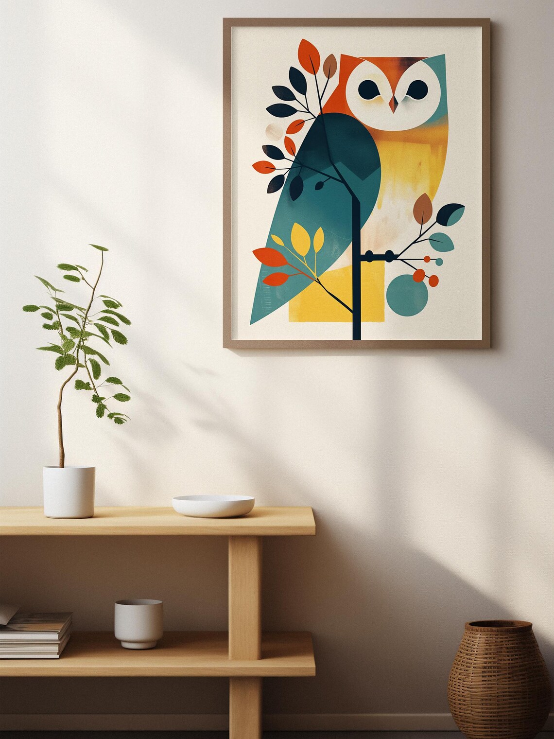 Geometric Mid-Century Owl on a Branch with Autumn Leaves Poster - Image 6