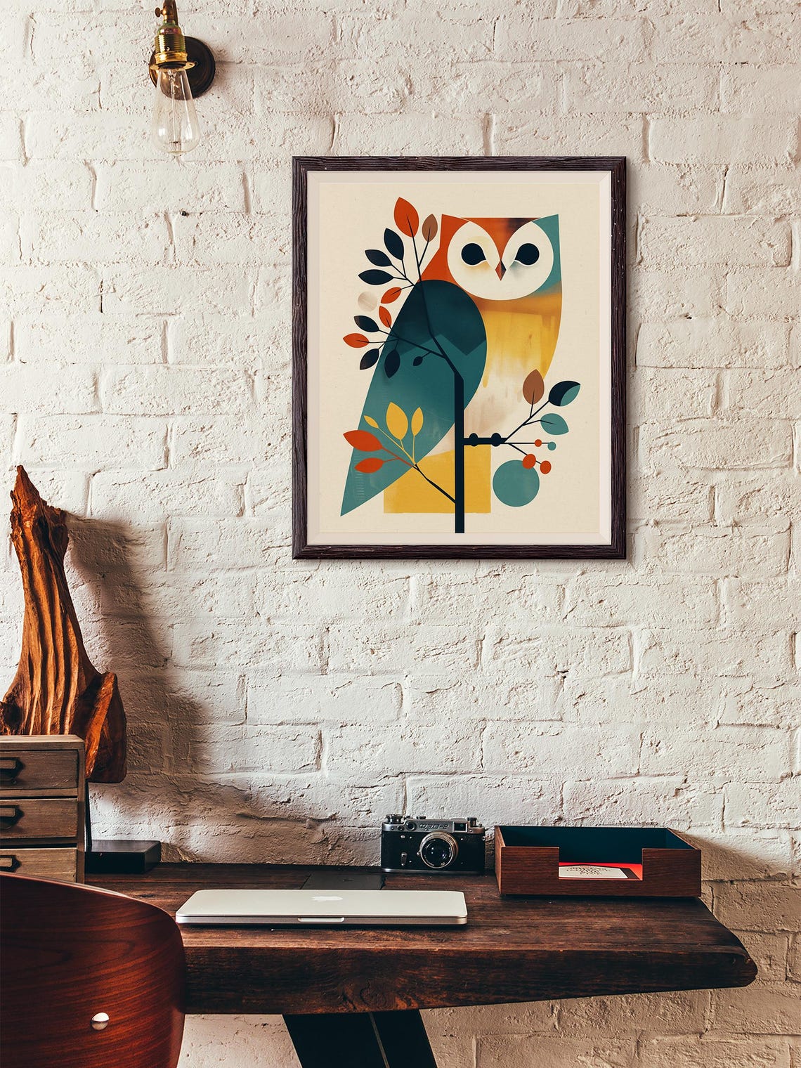 Geometric Mid-Century Owl on a Branch with Autumn Leaves Poster - Image 4