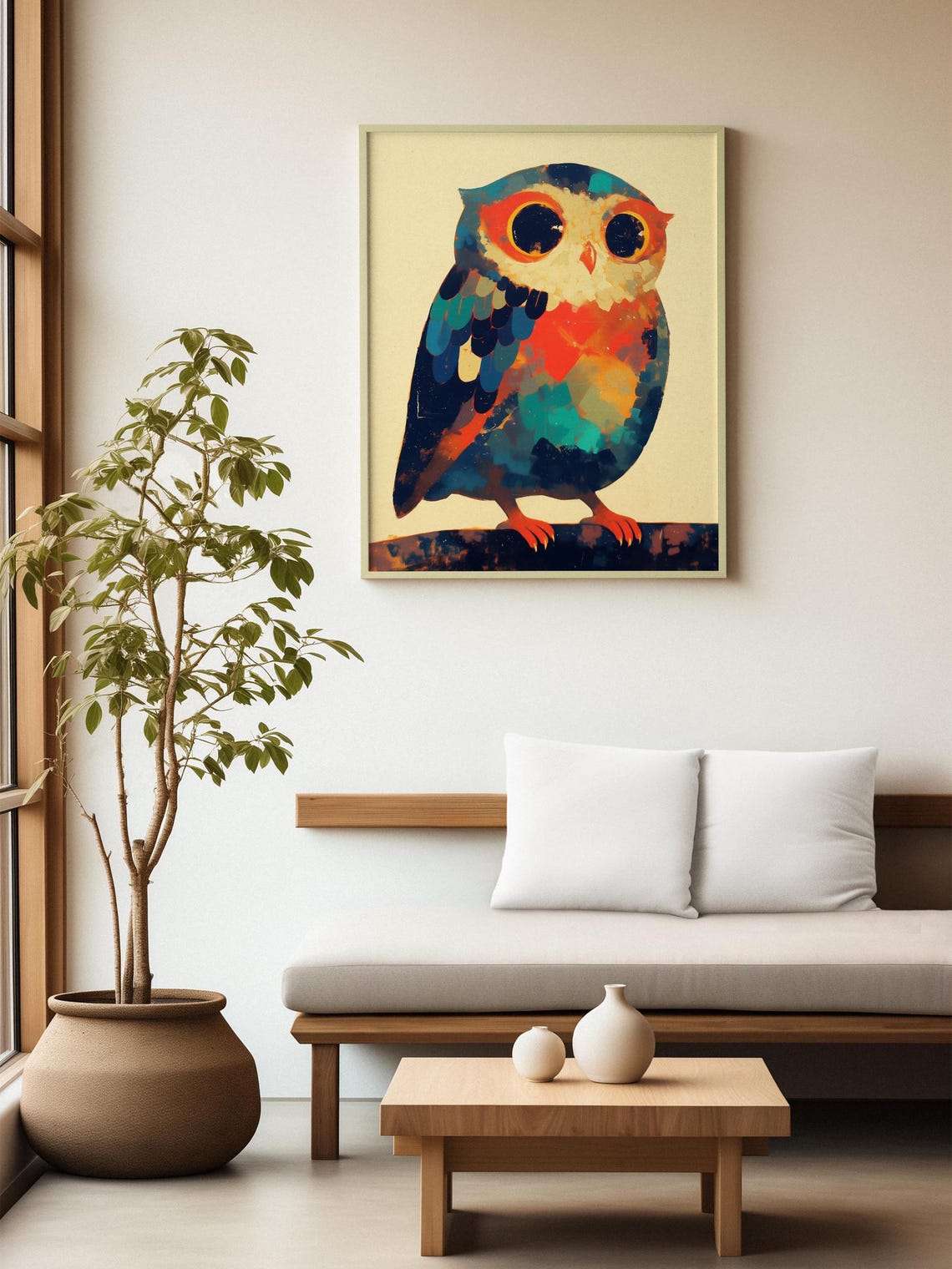 Cute Stylized Owl With Big Round Eyes in Teal and Orange Tones Poster - Image 2