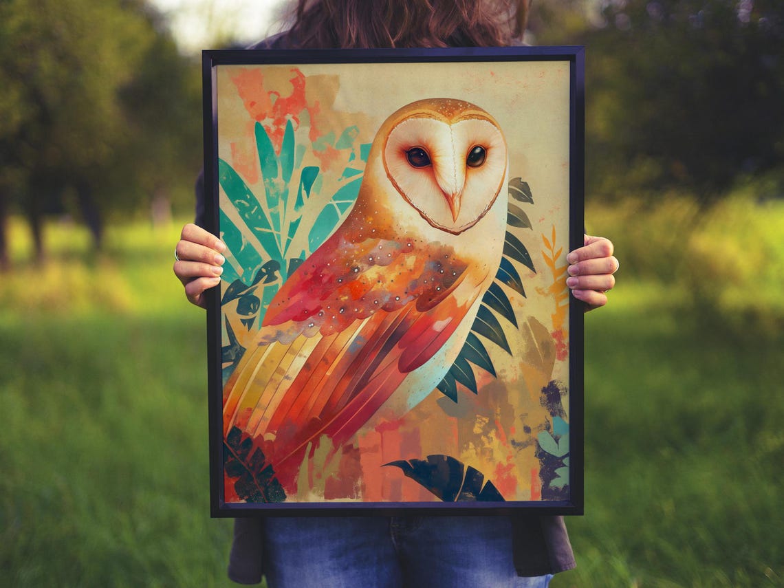 Stylized Barn Owl in Warm Sunset Tones with Tropical Leaves Poster - Image 5