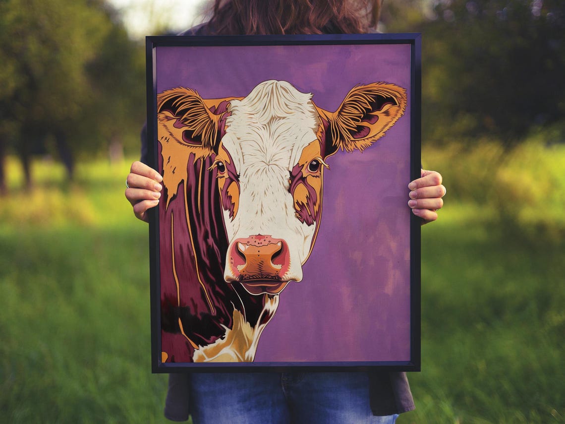 Pop Art Cow Portrait with Bold Orange on Purple Background Poster - Image 5