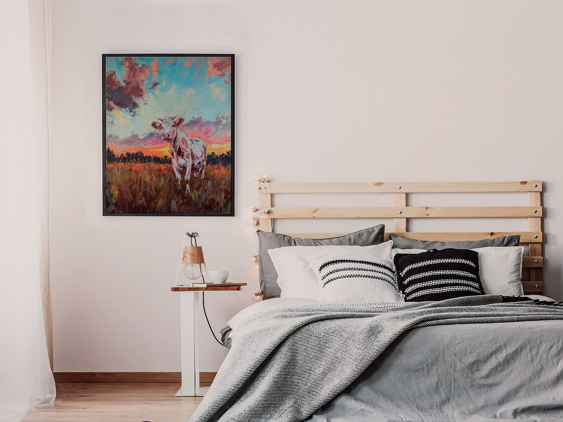 White Cow in Field at Sunset Impasto Oil Painting Farm Poster - Image 6