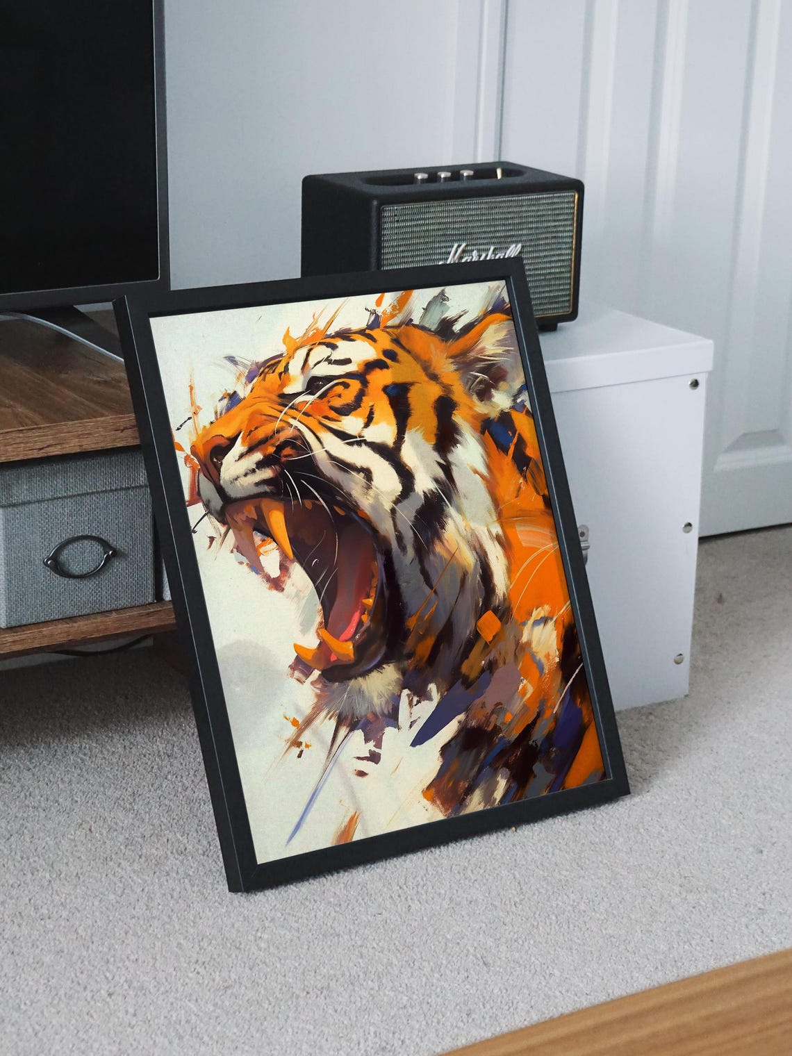 Roaring Tiger Side Profile With Fiery Orange Paint Splashes Art Poster - Image 7
