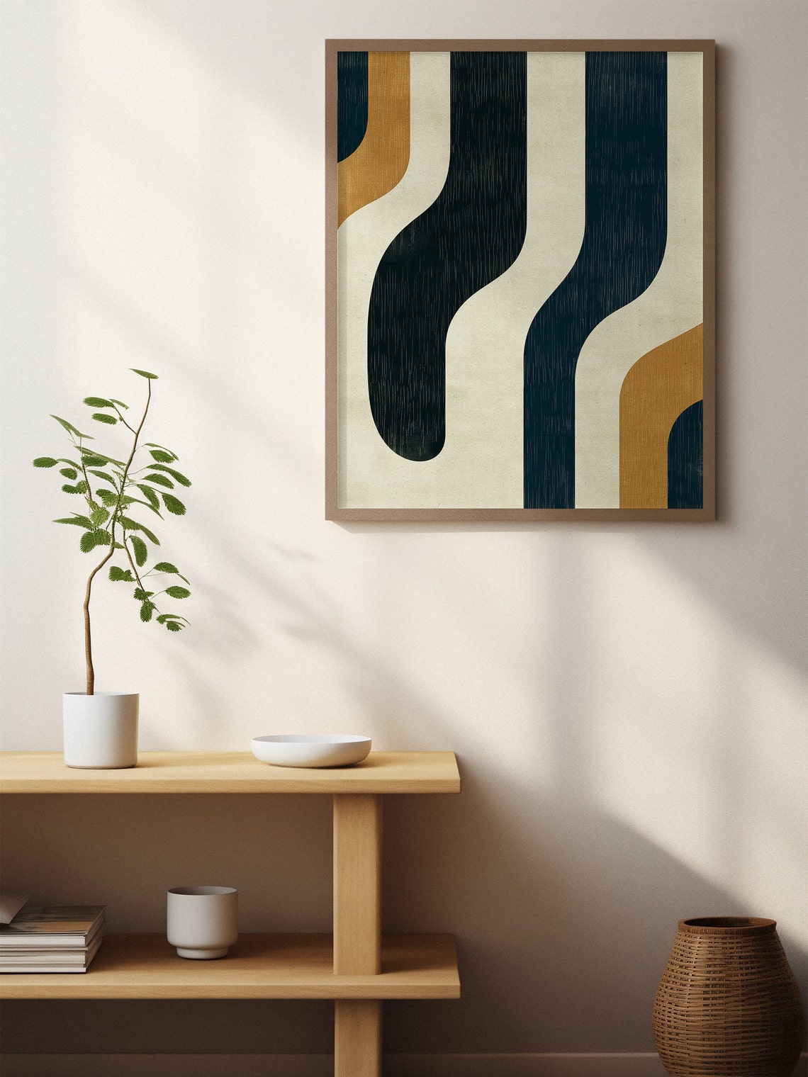Vertical Wavy Stripes Navy Cream Ochre Retro Abstract Poster - Image 2