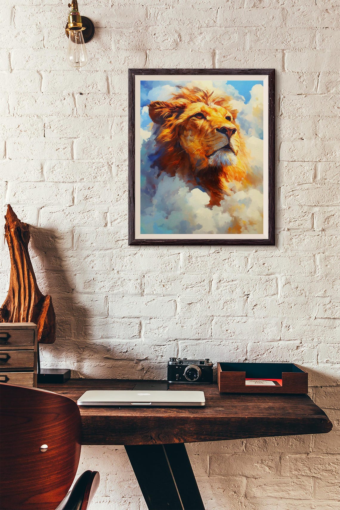 Noble Lion Emerging from Soft Clouds in a Bright Blue Sky Poster - Image 3