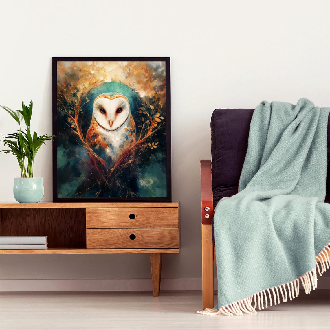 Barn Owl in Dark Teal Branches with a Mystical Night Glow Poster - Image 6