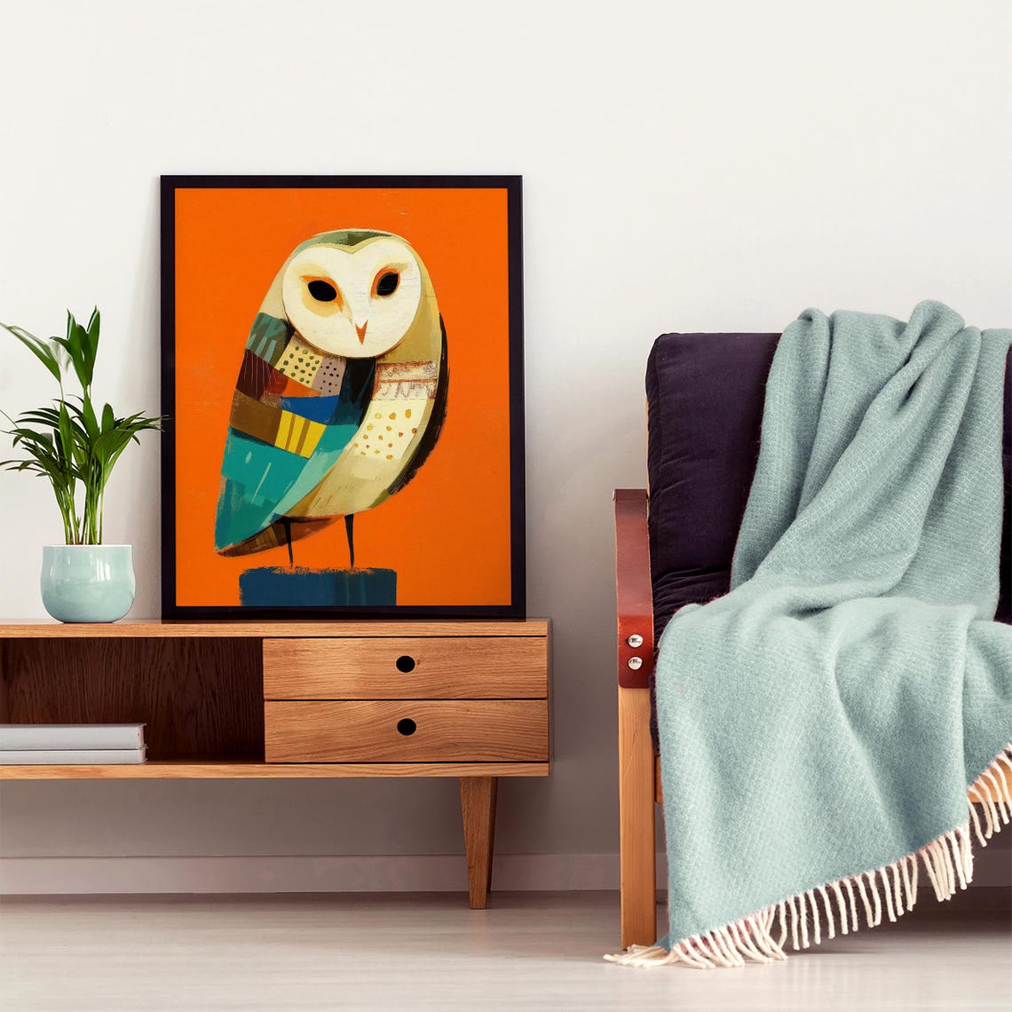 Geometric Patchwork Barn Owl on a Bold Orange Background Art Poster - Image 6