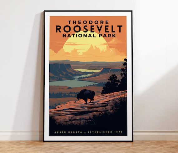 Theodore Roosevelt National Park Bison Sunset Vintage Travel Poster