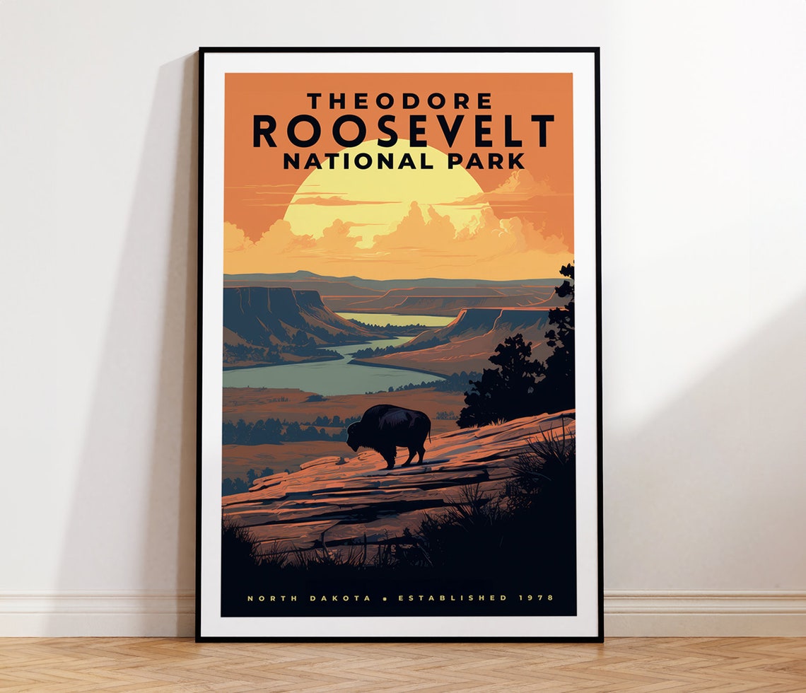 Theodore Roosevelt National Park Bison Sunset Vintage Travel Poster