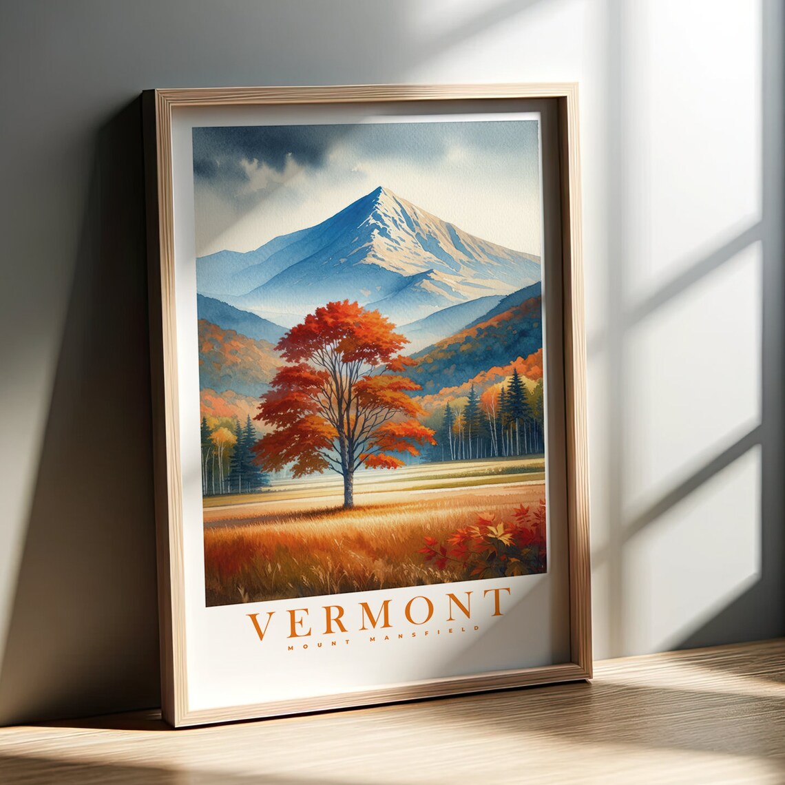 Vermont Watercolor Print, Mount Mansfield Travel Poster