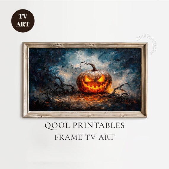 Glowing Jack O Lantern Stormy Night Oil Painting Halloween Wall Art