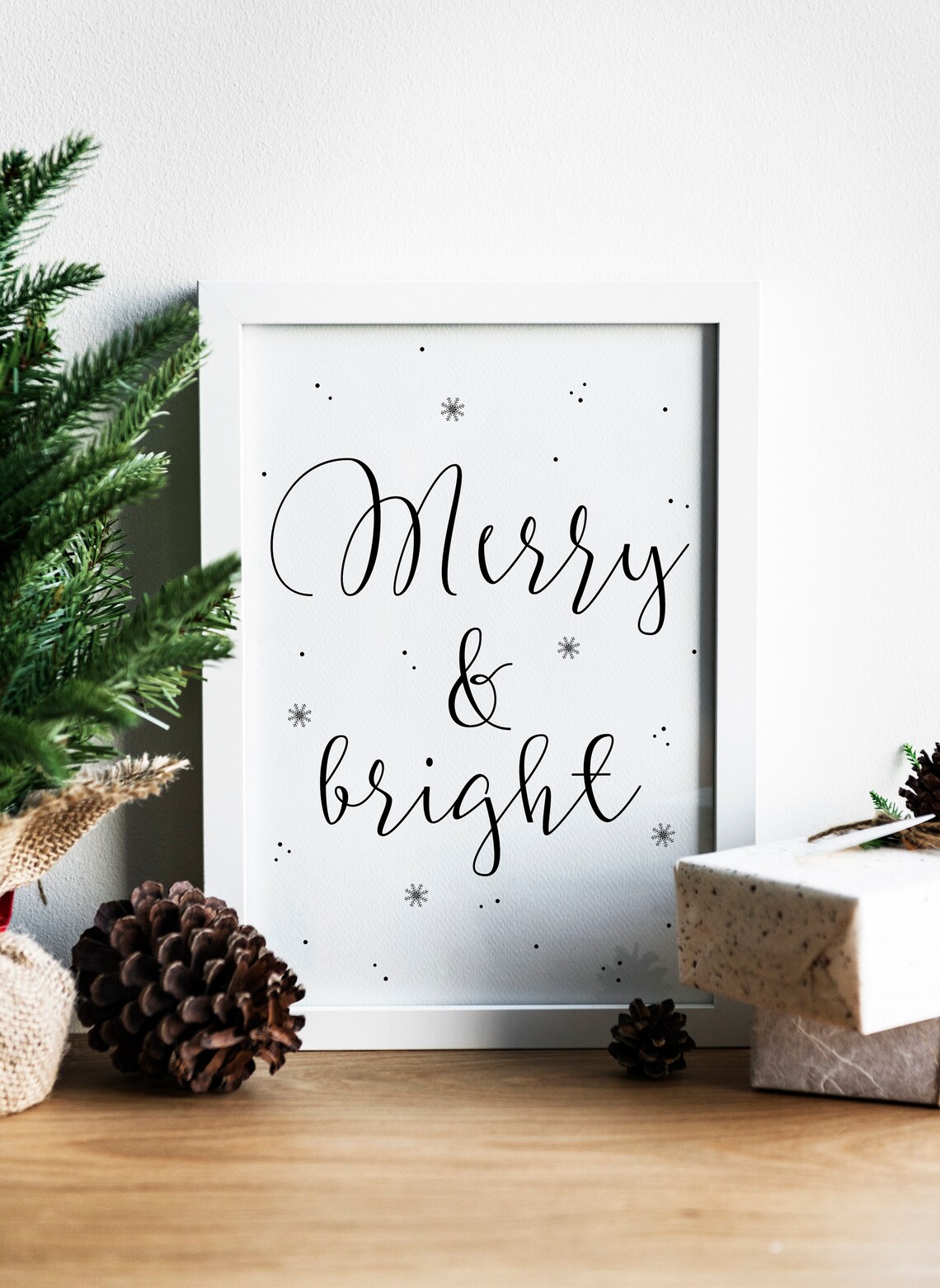 Merry And Bright Christmas Print, Black and White Art Print - Image 3