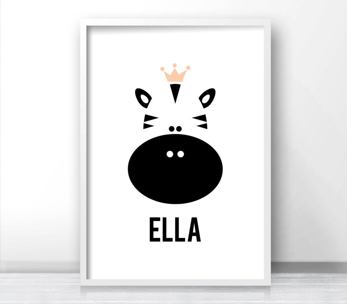 Ella Name Zebra Crown Monochrome Baby Girl Nursery Wall Print - Image 3