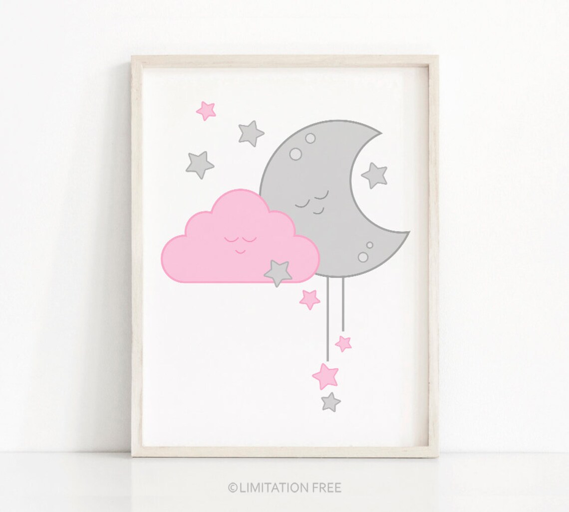 Pink And Gray Moon And Stars Nursery Art Print