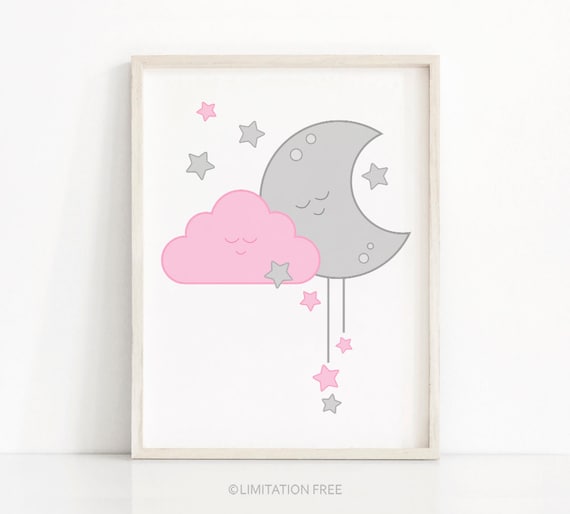 Pink And Gray Moon And Stars Nursery Art Print