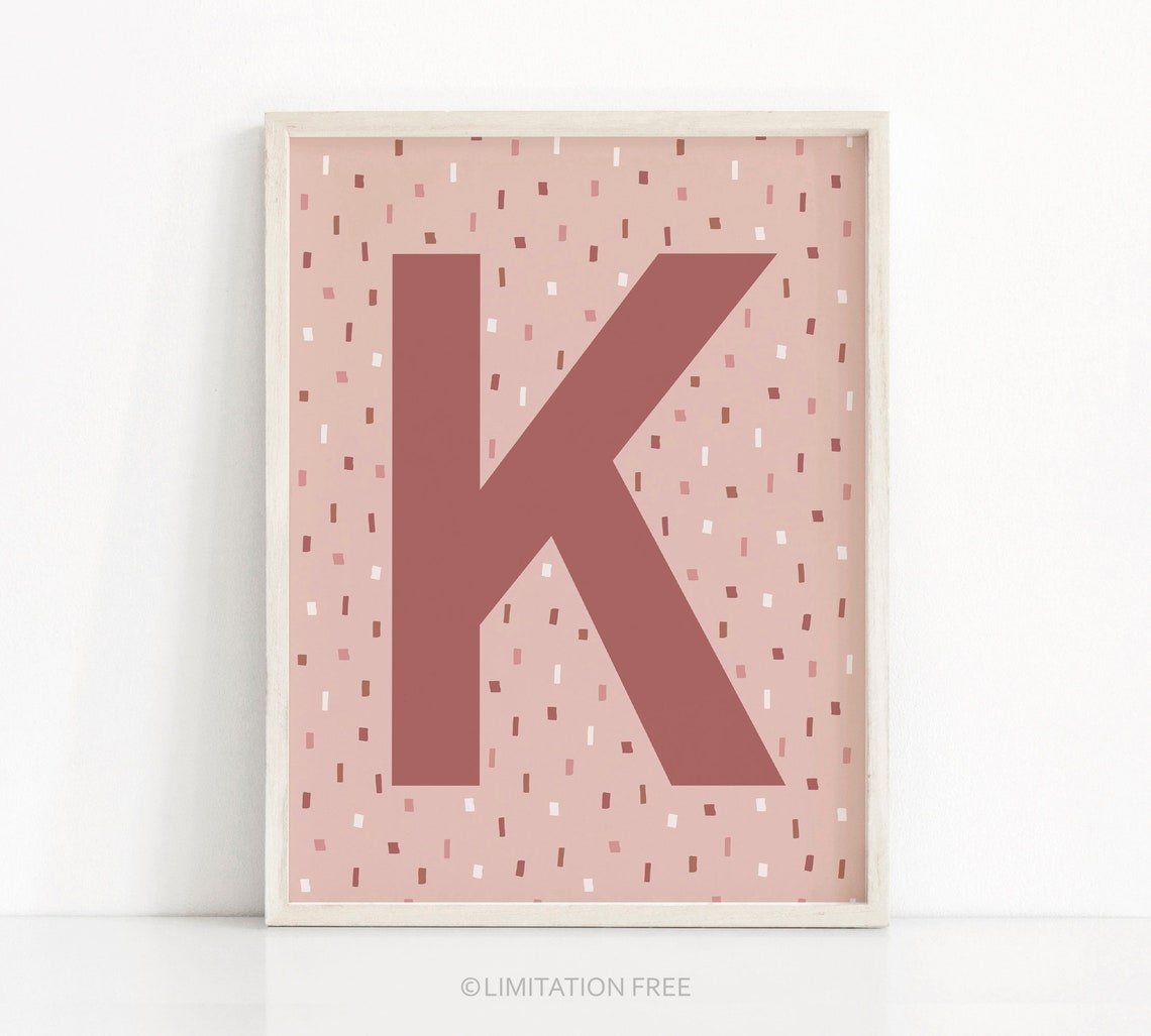 Letter K Monogram Pink Confetti Nursery Print Baby Girl Wall Art