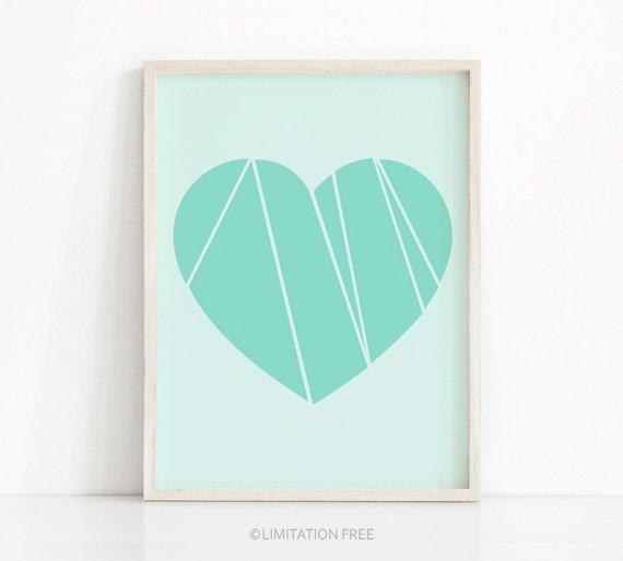 Mint Green Heart Art Print, Modern Home Decor