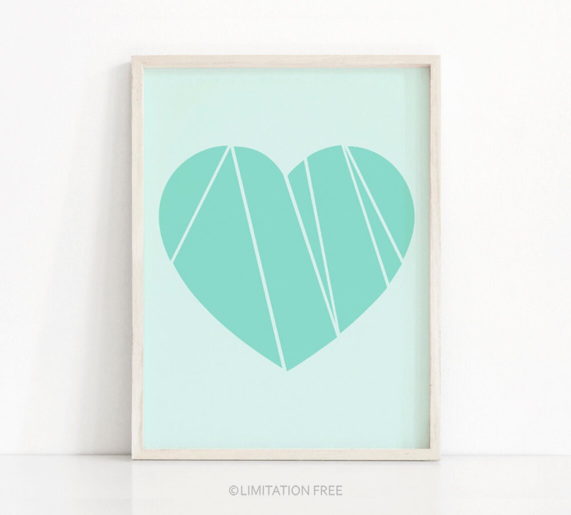 Mint Green Heart Art Print, Modern Home Decor