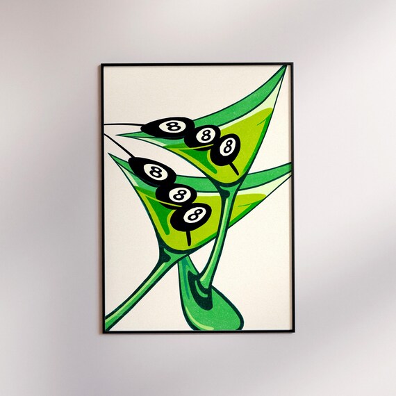 Green Martini Glasses with 8 Ball Olives Funky Pop Art Cocktail Wall Poster