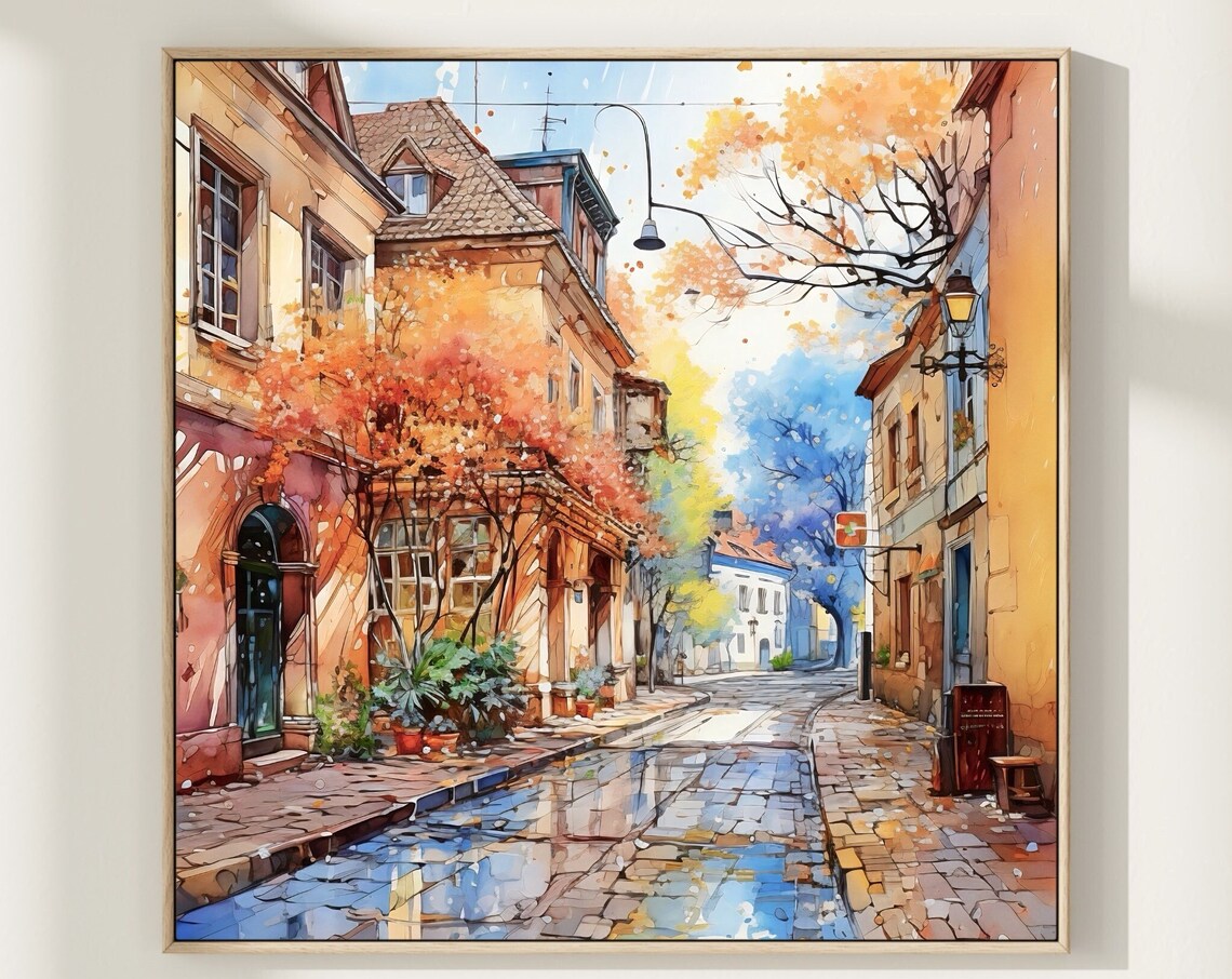 Autumn Old Town Cobblestone Street Watercolor Fall Cityscape Poster