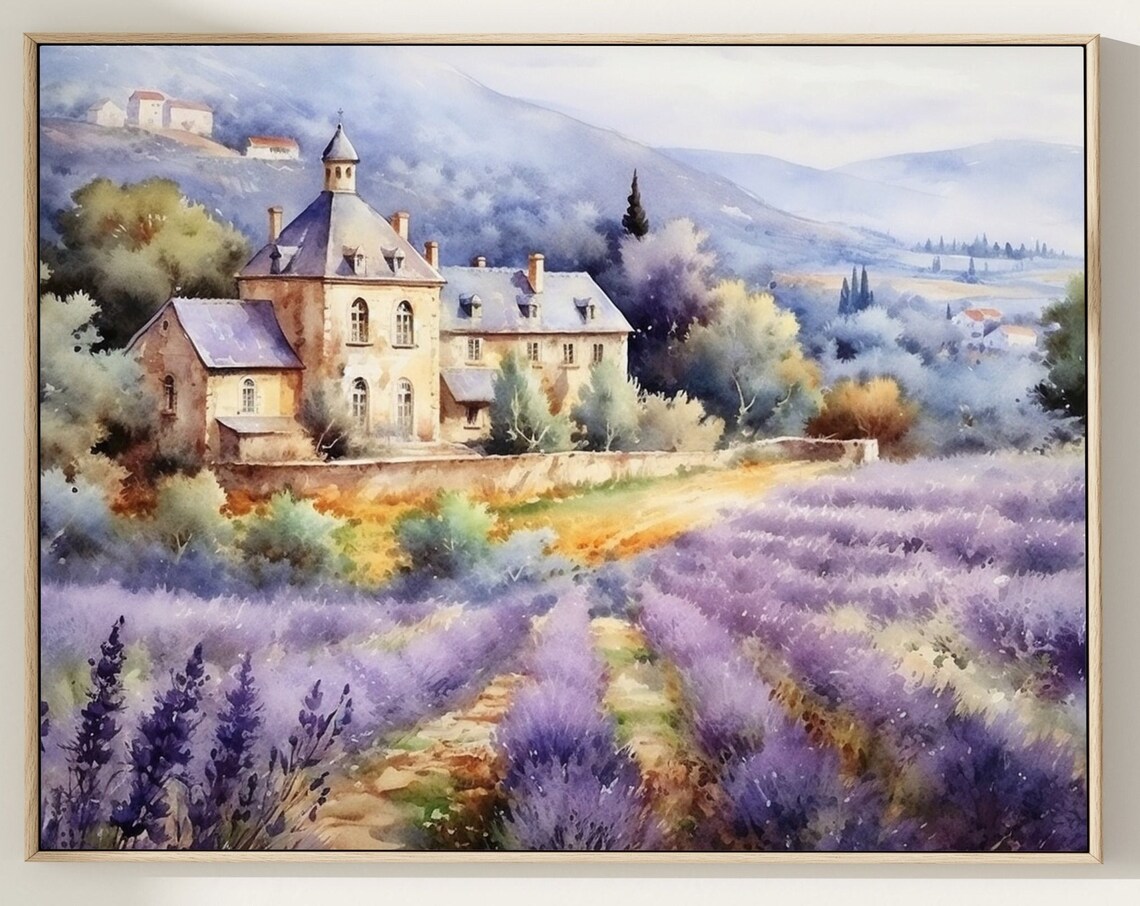 Tuscany Lavender Field Art Print, Watercolor Landscape