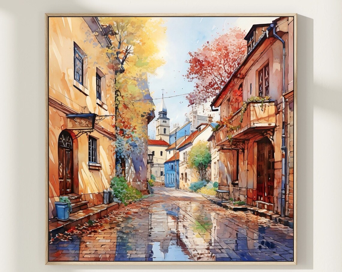 Autumn Old Town Street Watercolor Cobblestone Church Spire Poster