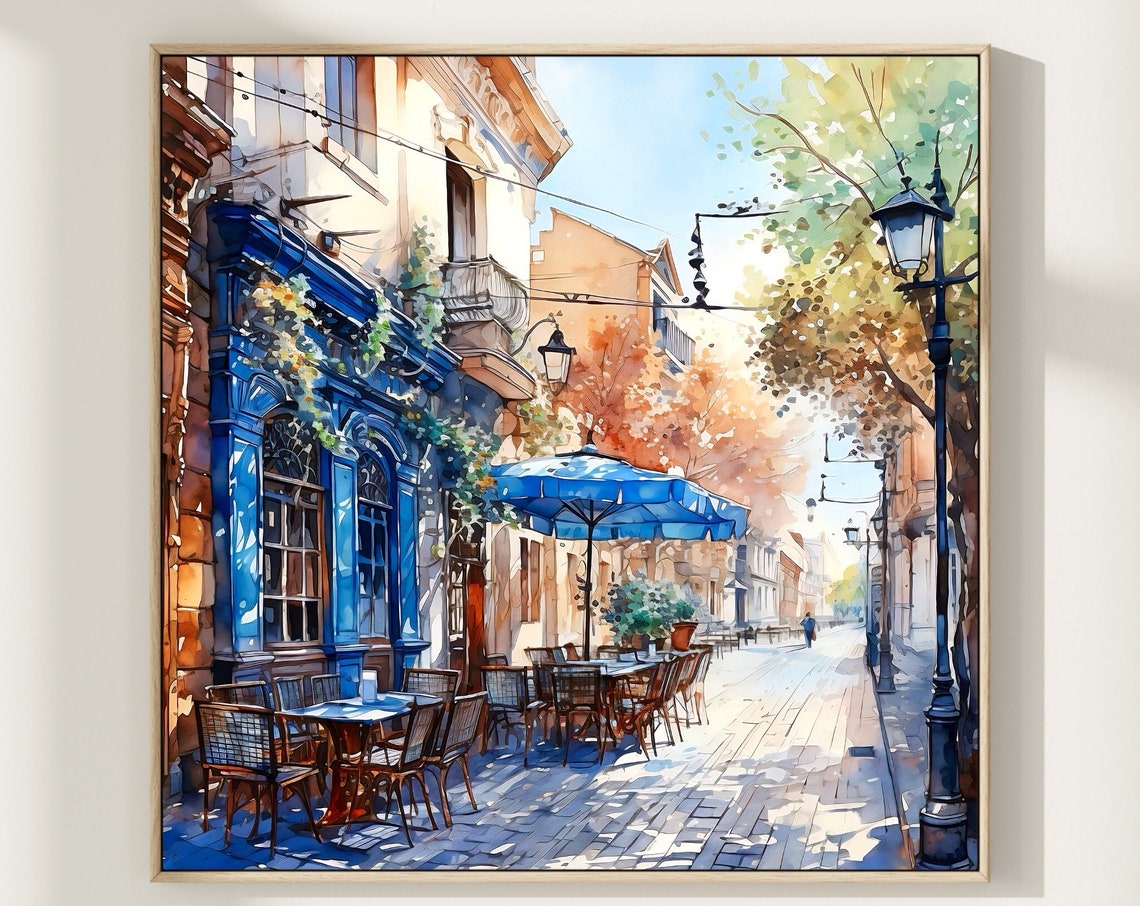 Sofia Bulgaria Cafe Terrace Blue Shutters Watercolor Street Poster
