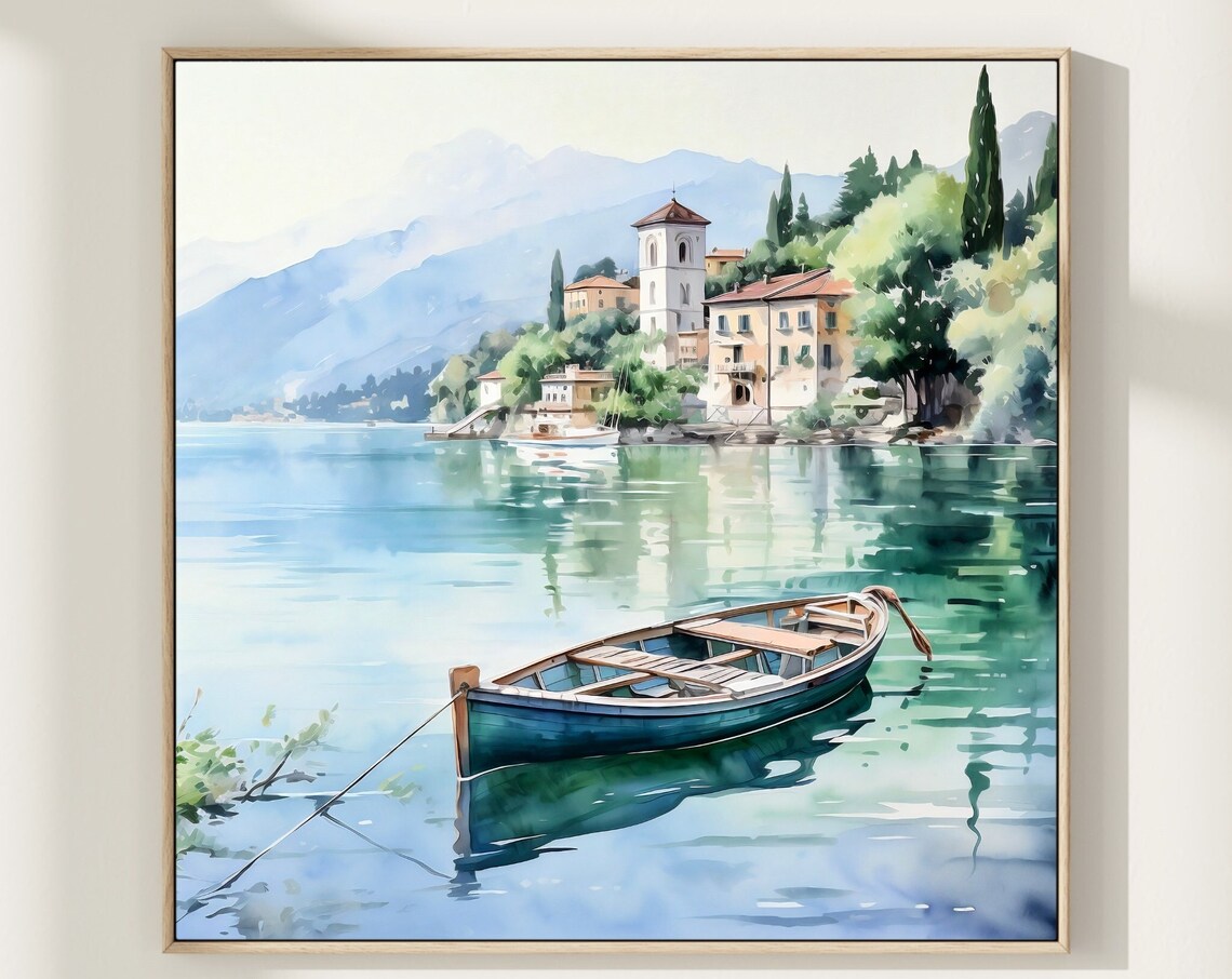 Lake Como Italy Boat Lakeside Village Cypress Watercolor Poster