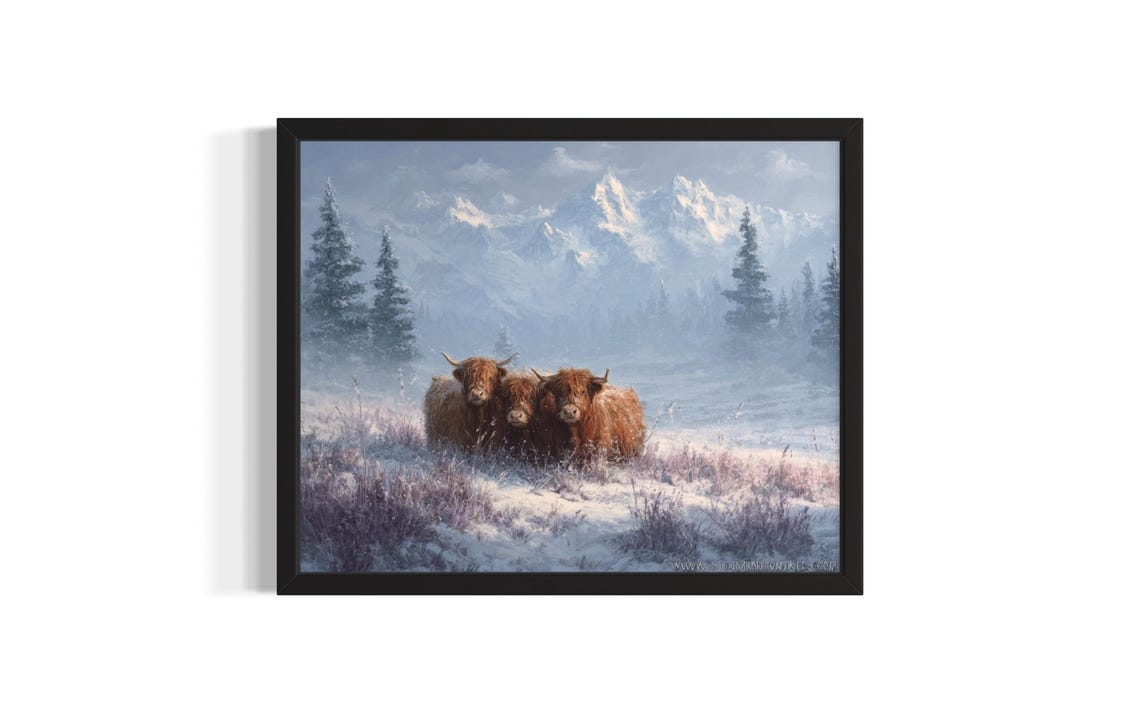 Two Highland Cows In A Snowy Winter Mountain Landscape Poster