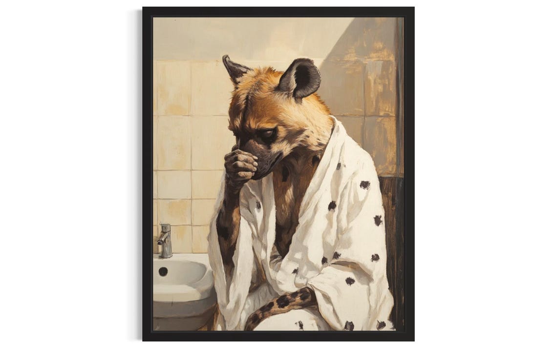 Spotted Hyena In Bathrobe Head In Hand Bathroom Animal Poster