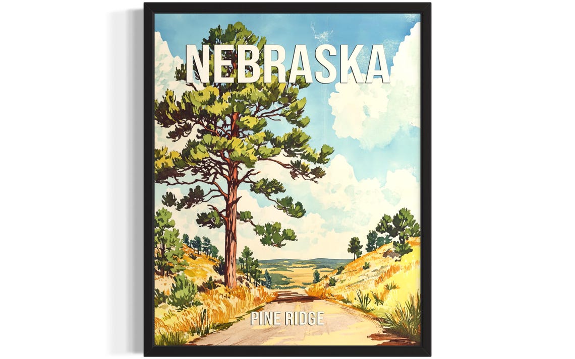 Nebraska Pine Ridge Vintage Travel Poster Tall Pine Tree Country Road