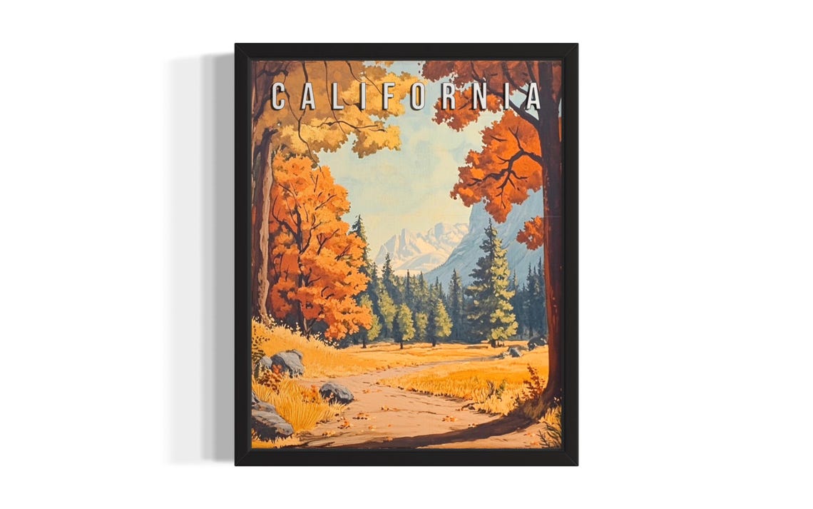 California Valley Autumn Trees Granite Peaks Retro Travel Poster