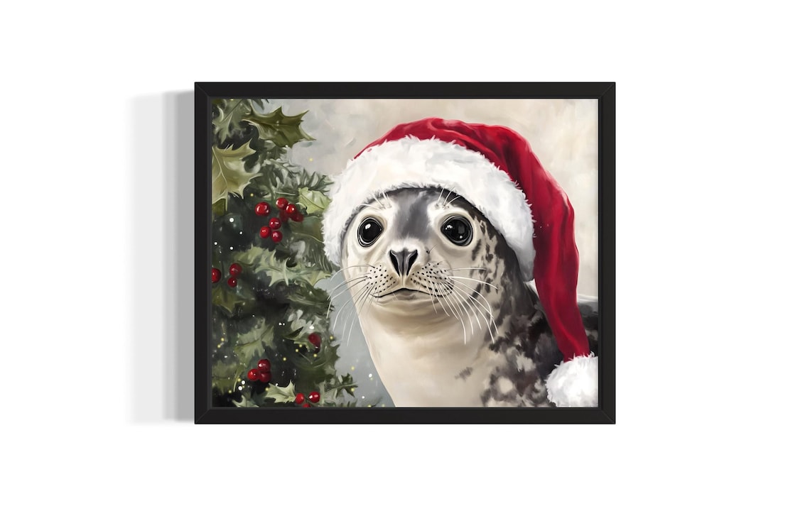 Baby Seal Wearing A Santa Hat Among Holly Berries Christmas Poster