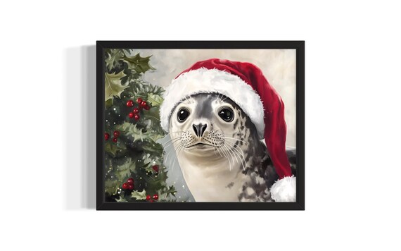 Baby Seal Wearing A Santa Hat Among Holly Berries Christmas Poster
